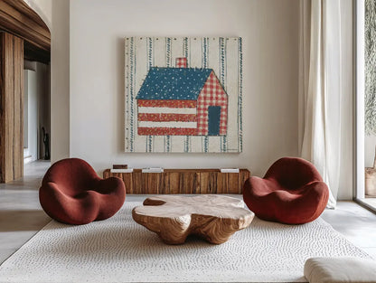 Americana Quilt III by David Carter Brown. Shown as extra-large giant wall art in a modern living room. Available as an archival giclee rolled canvas, fine art paper, or poster print. SKU 27874a.