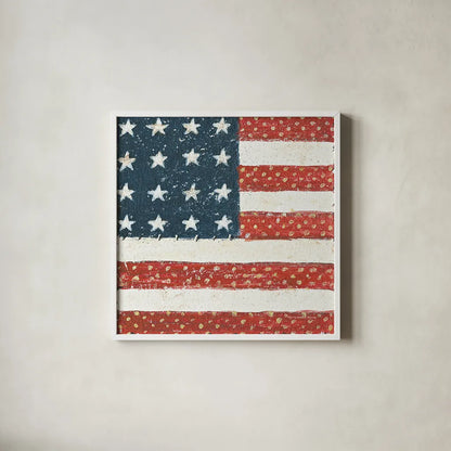 Americana Quilt IV by David Carter Brown. Shown in a crisp white glass frame for a clean and minimalist style. Available as an archival giclee rolled canvas, fine art paper, or poster print. SKU 27875a.