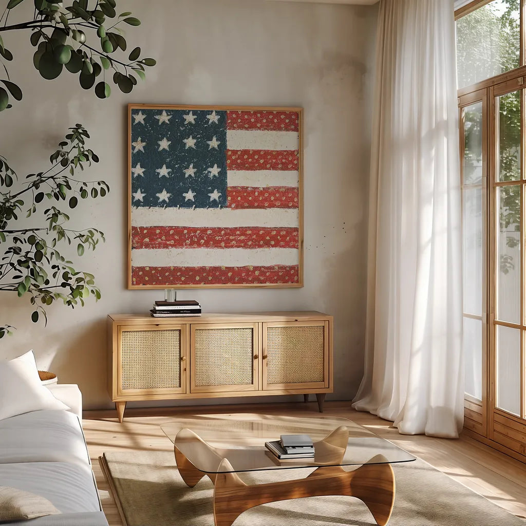 Americana Quilt IV by David Carter Brown. Shown in a natural wood frame in a cozy modern living room. Available as an archival giclee rolled canvas, fine art paper, or poster print. SKU 27875a.