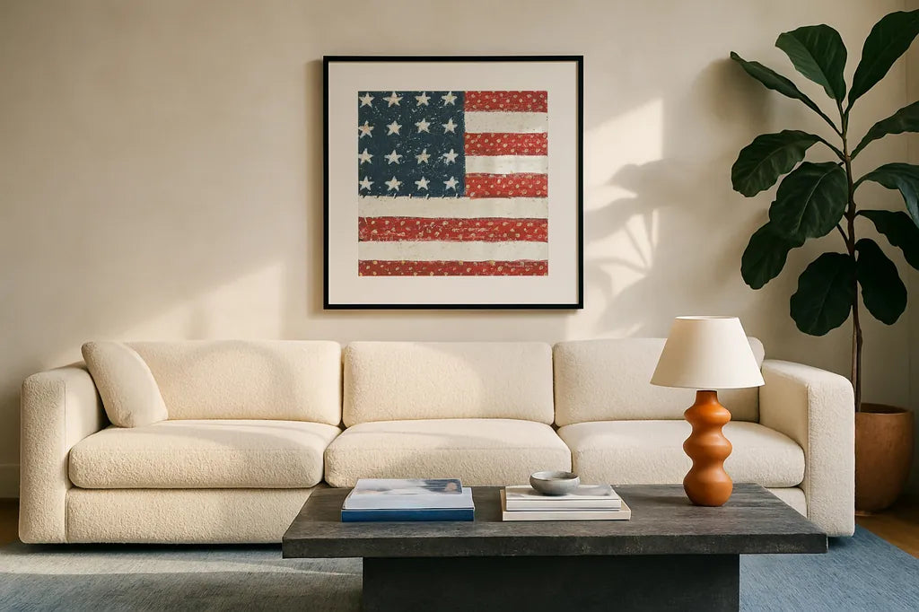 Americana Quilt IV by David Carter Brown. Displayed in a glass frame with matte in a clean modern living room. Available as an archival giclee rolled canvas, fine art paper, or poster print. SKU 27875a.