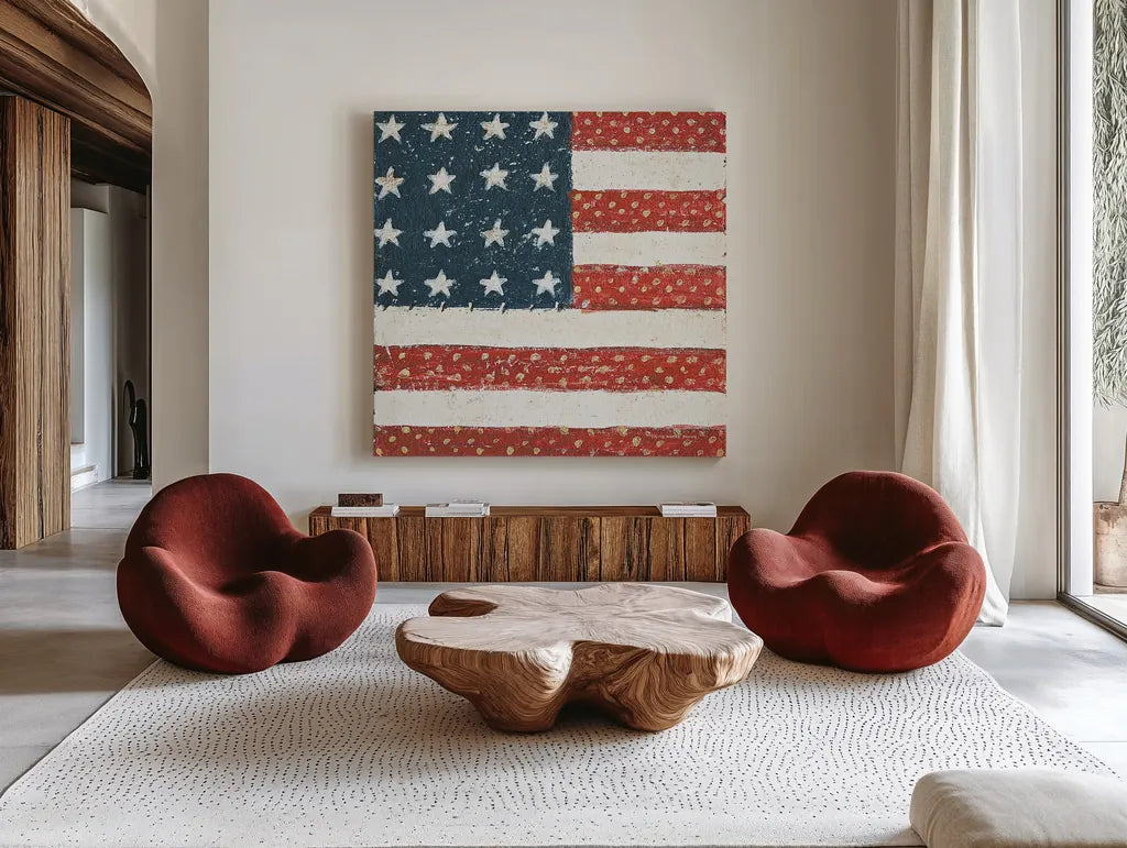Americana Quilt IV by David Carter Brown. Shown as extra-large giant wall art in a modern living room. Available as an archival giclee rolled canvas, fine art paper, or poster print. SKU 27875a.