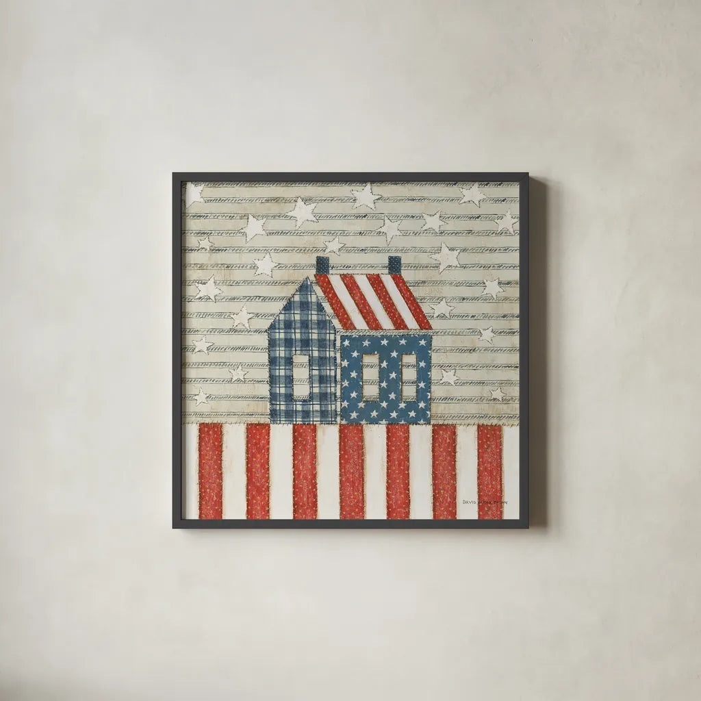 Americana Quilt V by David Carter Brown. Shown in a sleek black glass frame for a contemporary gallery look. Available as an archival giclee rolled canvas, fine art paper, or poster print. SKU 27876a.