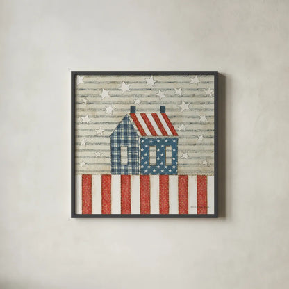Americana Quilt V by David Carter Brown. Shown in a sleek black glass frame for a contemporary gallery look. Available as an archival giclee rolled canvas, fine art paper, or poster print. SKU 27876a.