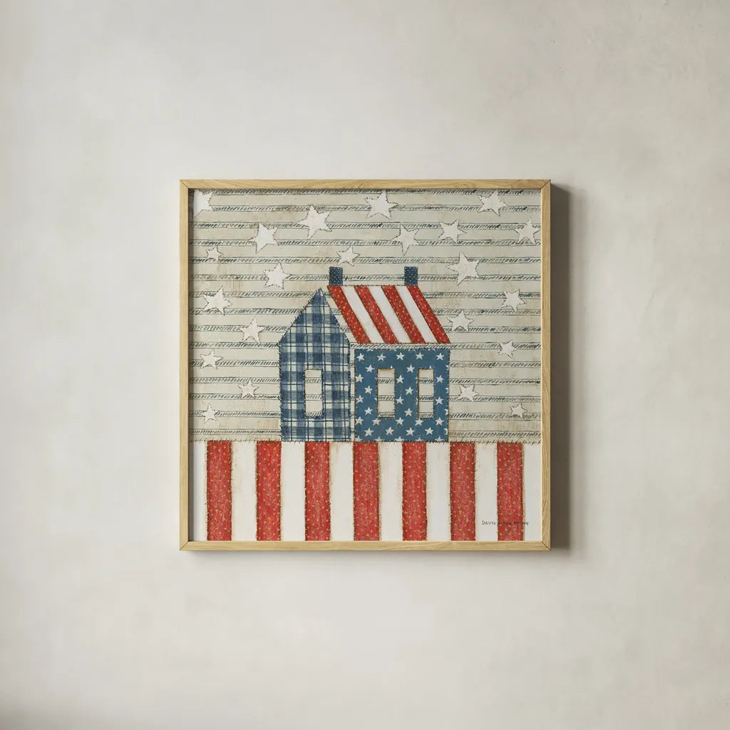 Americana Quilt V by David Carter Brown. Shown in a natural wood glass frame for a timeless modern aesthetic. Available as an archival giclee rolled canvas, fine art paper, or poster print. SKU 27876a.