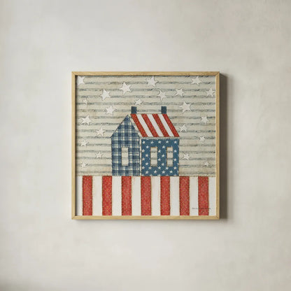 Americana Quilt V by David Carter Brown. Shown in a natural wood glass frame for a timeless modern aesthetic. Available as an archival giclee rolled canvas, fine art paper, or poster print. SKU 27876a.