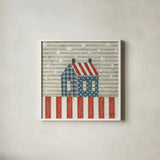 Americana Quilt V by David Carter Brown. Shown in a crisp white glass frame for a clean and minimalist style. Available as an archival giclee rolled canvas, fine art paper, or poster print. SKU 27876a.