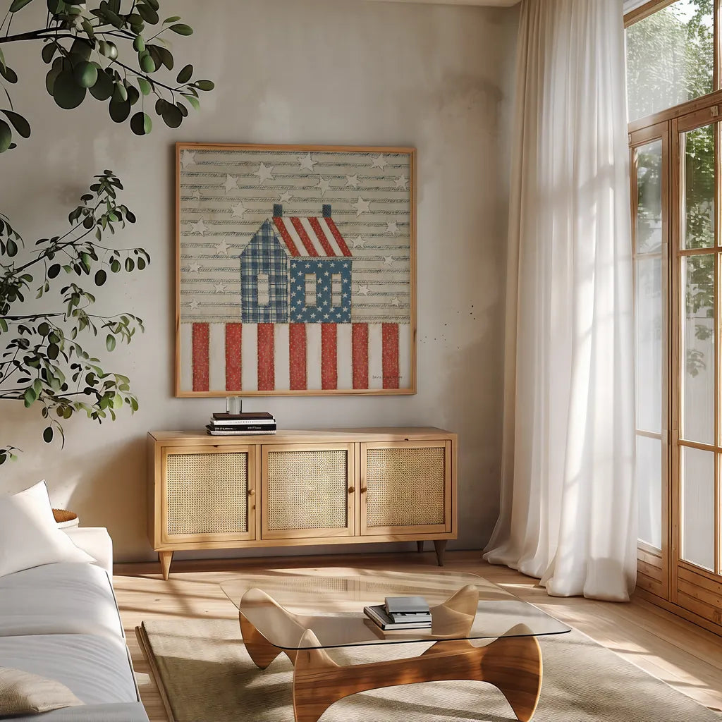 Americana Quilt V by David Carter Brown. Shown in a natural wood frame in a cozy modern living room. Available as an archival giclee rolled canvas, fine art paper, or poster print. SKU 27876a.