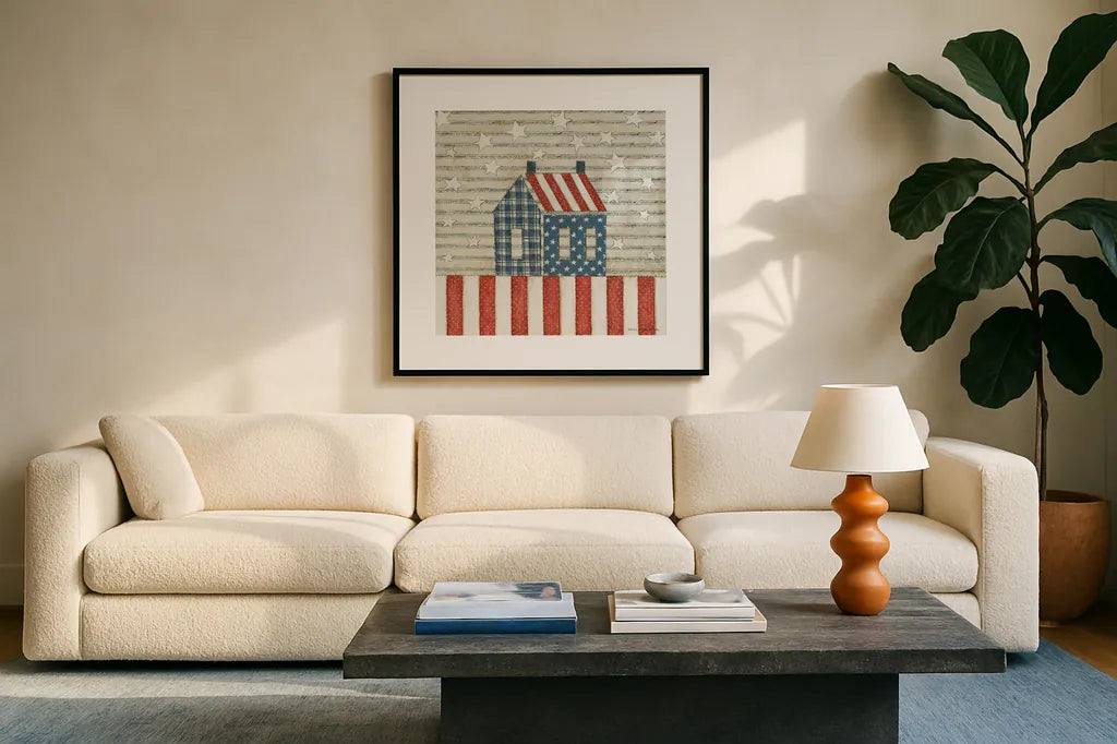 Americana Quilt V by David Carter Brown. Displayed in a glass frame with matte in a clean modern living room. Available as an archival giclee rolled canvas, fine art paper, or poster print. SKU 27876a.