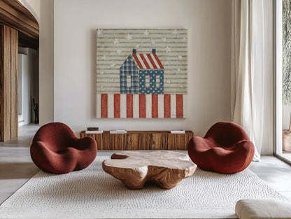 Americana Quilt V by David Carter Brown. Shown as extra-large giant wall art in a modern living room. Available as an archival giclee rolled canvas, fine art paper, or poster print. SKU 27876a.