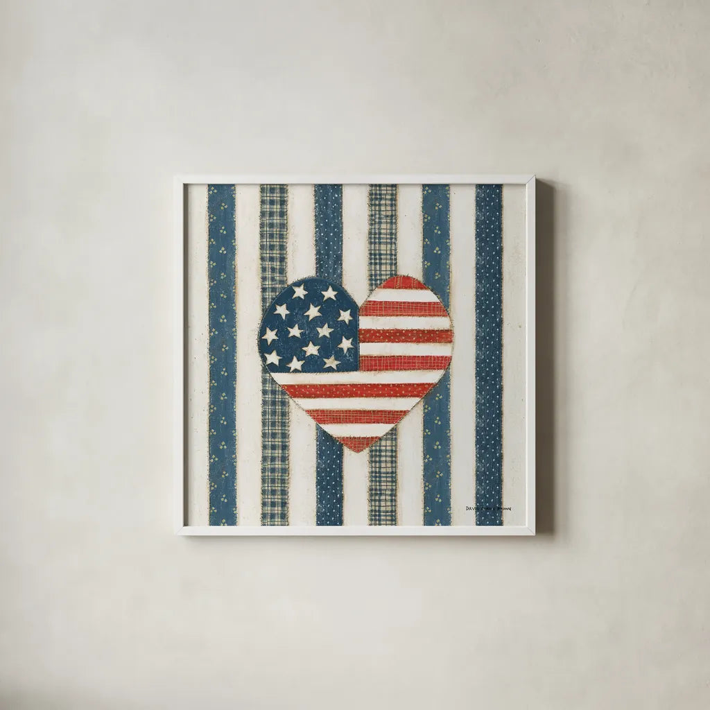 Americana Quilt VI by David Carter Brown. Shown in a crisp white glass frame for a clean and minimalist style. Available as an archival giclee rolled canvas, fine art paper, or poster print. SKU 27877a.