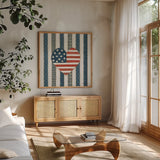 Americana Quilt VI by David Carter Brown. Shown in a natural wood frame in a cozy modern living room. Available as an archival giclee rolled canvas, fine art paper, or poster print. SKU 27877a.