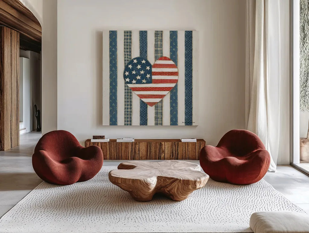 Americana Quilt VI by David Carter Brown. Shown as extra-large giant wall art in a modern living room. Available as an archival giclee rolled canvas, fine art paper, or poster print. SKU 27877a.