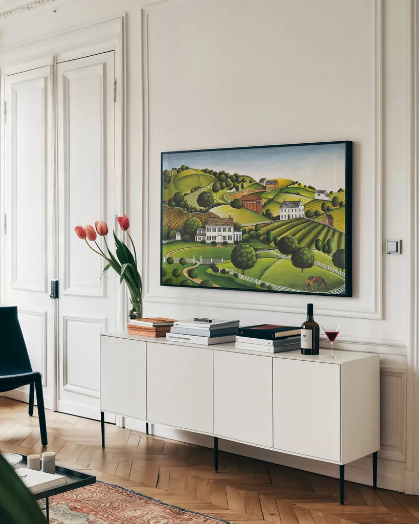 Apple Valley by David Carter Brown. shown as a framed stretched canvas in a living room above a console. Available as a archival giclee rolled canvas, fine art paper, or poster print. SKU 26452i.