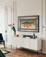 Brook Trout Birch Border by David Carter Brown. shown as a framed stretched canvas in a living room above a console. Available as a archival giclee rolled canvas, fine art paper, or poster print. SKU 3162i.