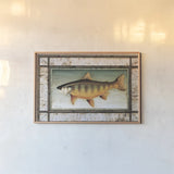 Brook Trout Birch Border by David Carter Brown. shown as a paper print in a natural frame. Available as a archival giclee rolled canvas, fine art paper, or poster print. SKU 3162i.