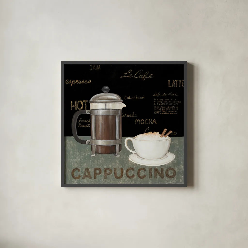 Cappuccino by David Carter Brown. Shown in a sleek black glass frame for a contemporary gallery look. Available as an archival giclee rolled canvas, fine art paper, or poster print. SKU 3260a.