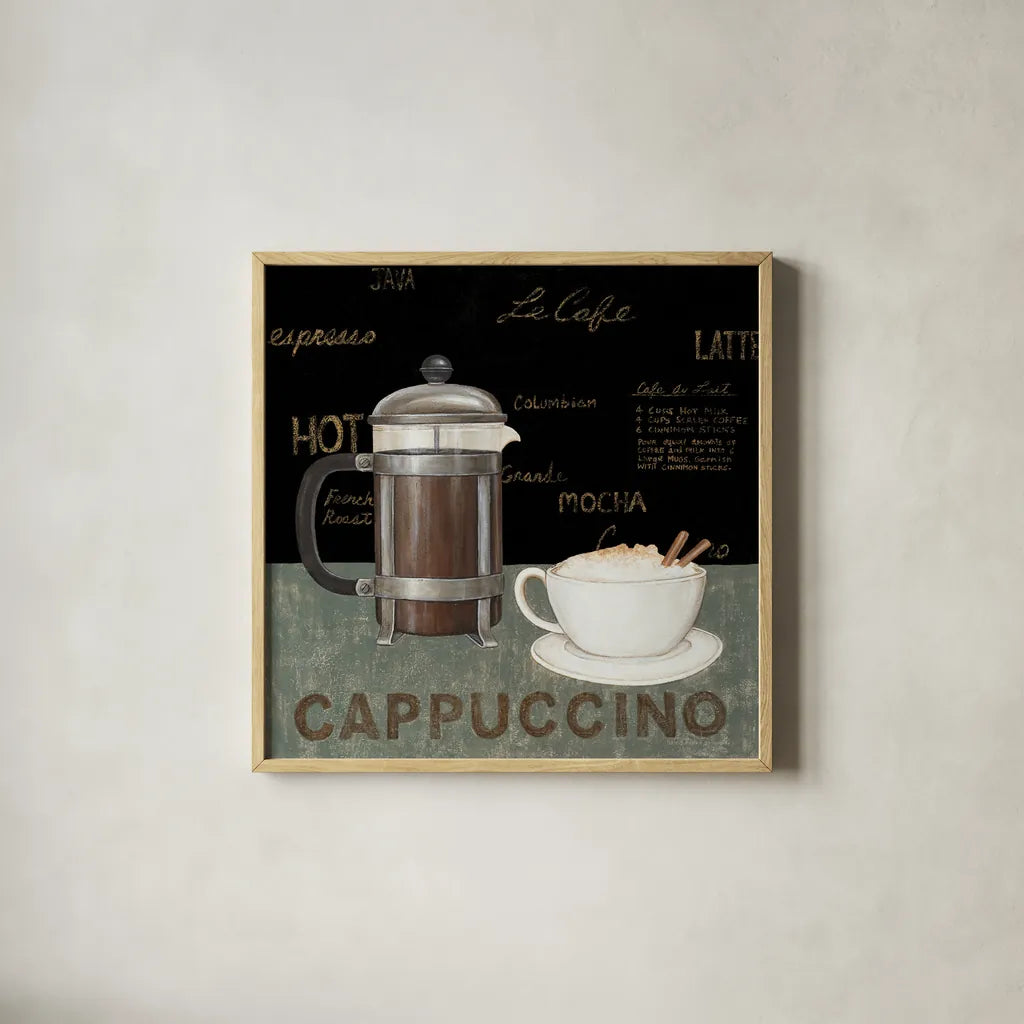 Cappuccino by David Carter Brown. Shown in a natural wood glass frame for a timeless modern aesthetic. Available as an archival giclee rolled canvas, fine art paper, or poster print. SKU 3260a.