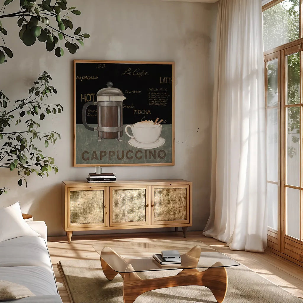 Cappuccino by David Carter Brown. Shown in a natural wood frame in a cozy modern living room. Available as an archival giclee rolled canvas, fine art paper, or poster print. SKU 3260a.