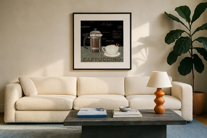 Cappuccino by David Carter Brown. Displayed in a glass frame with matte in a clean modern living room. Available as an archival giclee rolled canvas, fine art paper, or poster print. SKU 3260a.