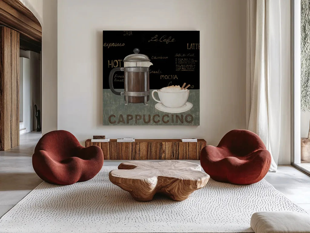 Cappuccino by David Carter Brown. Shown as extra-large giant wall art in a modern living room. Available as an archival giclee rolled canvas, fine art paper, or poster print. SKU 3260a.