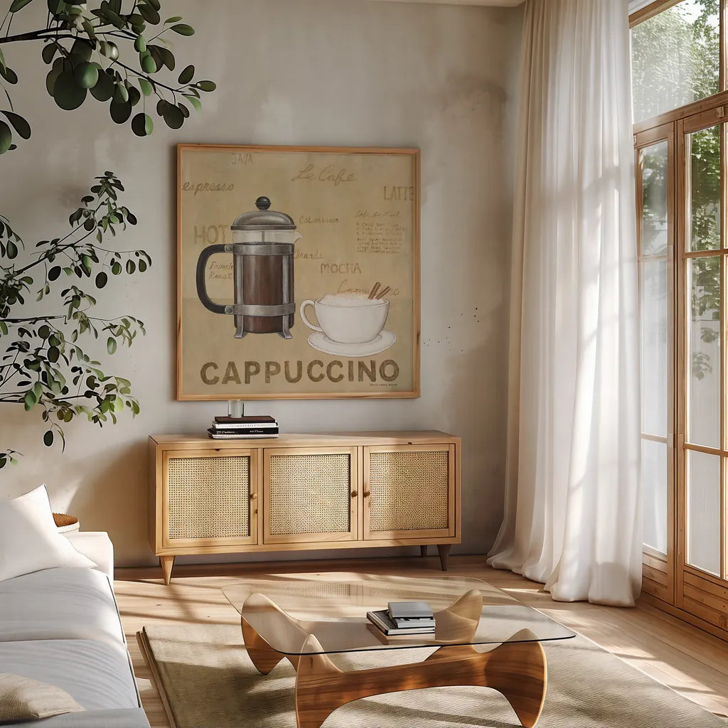 Cappuccino Cream by David Carter Brown. Shown in a natural wood frame in a cozy modern living room. Available as an archival giclee rolled canvas, fine art paper, or poster print. SKU 37693a.
