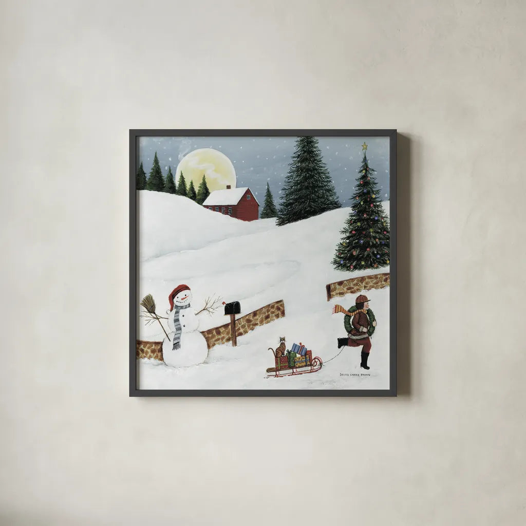 Christmas Valley Snowman Crop by David Carter Brown. Shown in a sleek black glass frame for a contemporary gallery look. Available as an archival giclee rolled canvas, fine art paper, or poster print. SKU 8949a.