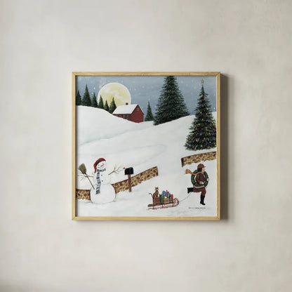 Christmas Valley Snowman Crop by David Carter Brown. Shown in a natural wood glass frame for a timeless modern aesthetic. Available as an archival giclee rolled canvas, fine art paper, or poster print. SKU 8949a.