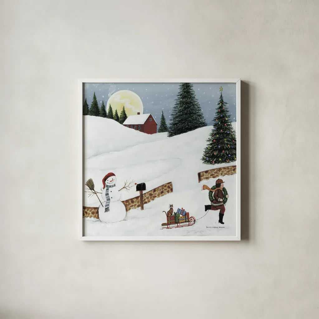 Christmas Valley Snowman Crop by David Carter Brown. Shown in a crisp white glass frame for a clean and minimalist style. Available as an archival giclee rolled canvas, fine art paper, or poster print. SKU 8949a.