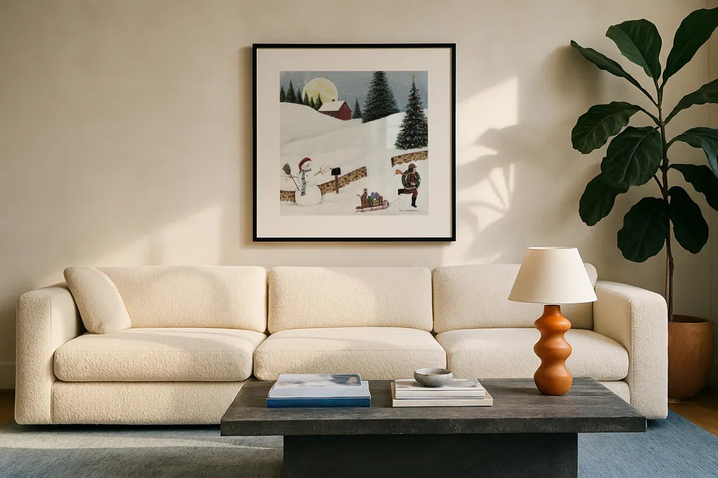 Christmas Valley Snowman Crop by David Carter Brown. Displayed in a glass frame with matte in a clean modern living room. Available as an archival giclee rolled canvas, fine art paper, or poster print. SKU 8949a.