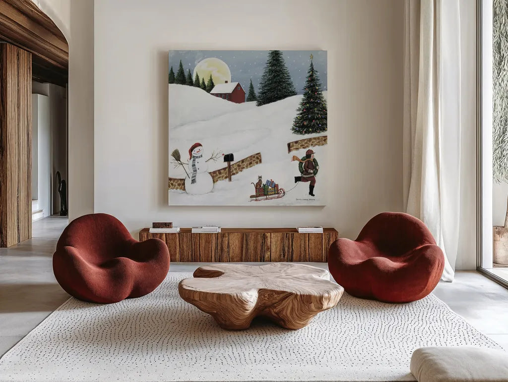 Christmas Valley Snowman Crop by David Carter Brown. Shown as extra-large giant wall art in a modern living room. Available as an archival giclee rolled canvas, fine art paper, or poster print. SKU 8949a.