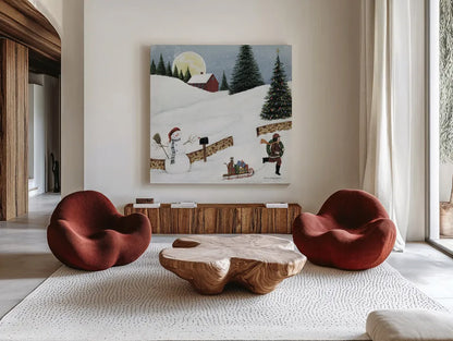 Christmas Valley Snowman Crop by David Carter Brown. Shown as extra-large giant wall art in a modern living room. Available as an archival giclee rolled canvas, fine art paper, or poster print. SKU 8949a.