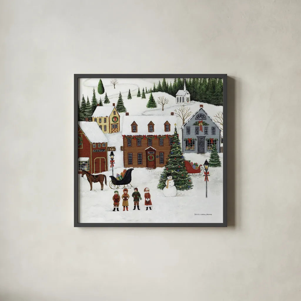 Christmas Valley Village Crop by David Carter Brown. Shown in a sleek black glass frame for a contemporary gallery look. Available as an archival giclee rolled canvas, fine art paper, or poster print. SKU 8950a.