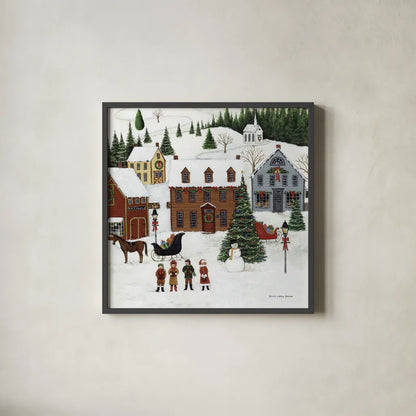 Christmas Valley Village Crop by David Carter Brown. Shown in a sleek black glass frame for a contemporary gallery look. Available as an archival giclee rolled canvas, fine art paper, or poster print. SKU 8950a.