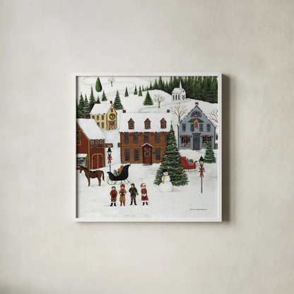 Christmas Valley Village Crop by David Carter Brown. Shown in a crisp white glass frame for a clean and minimalist style. Available as an archival giclee rolled canvas, fine art paper, or poster print. SKU 8950a.
