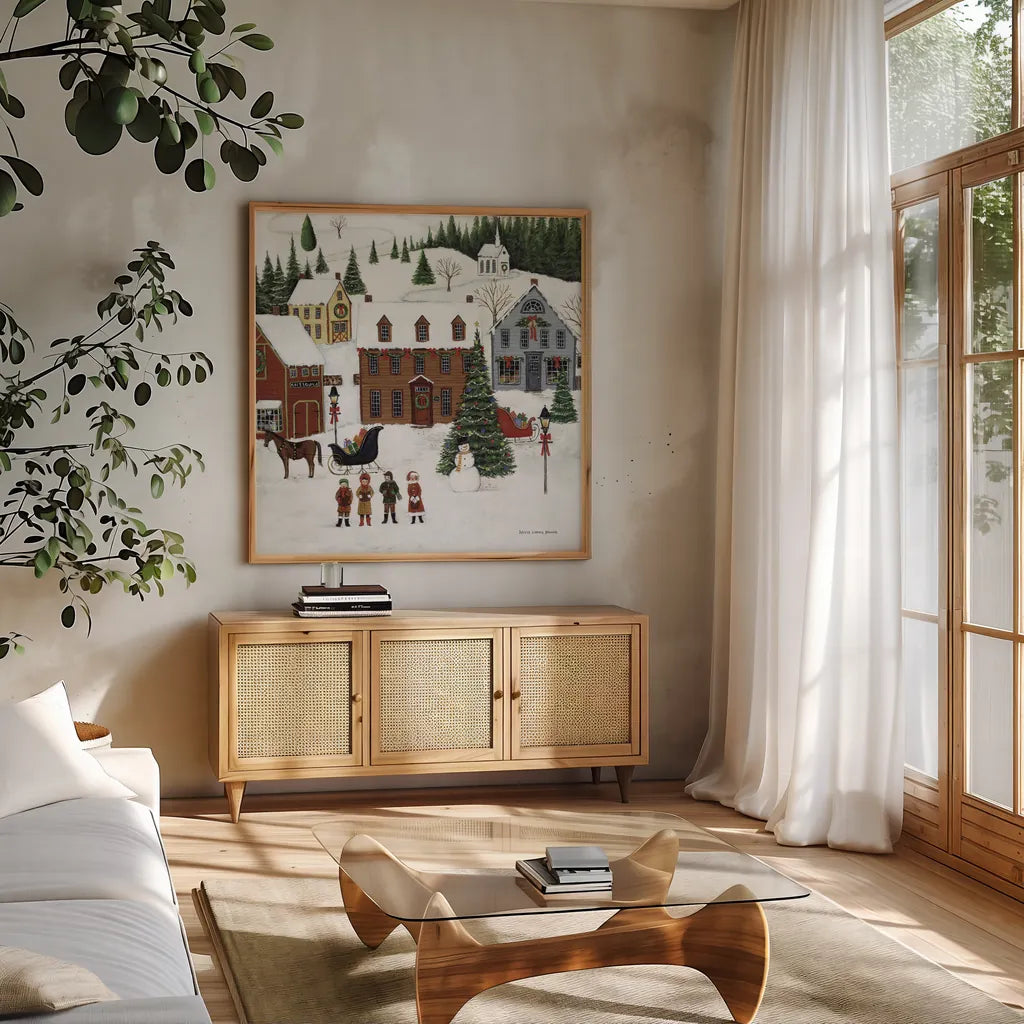 Christmas Valley Village Crop by David Carter Brown. Shown in a natural wood frame in a cozy modern living room. Available as an archival giclee rolled canvas, fine art paper, or poster print. SKU 8950a.