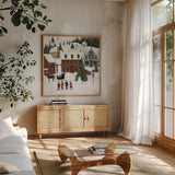 Christmas Valley Village Crop by David Carter Brown. Shown in a natural wood frame in a cozy modern living room. Available as an archival giclee rolled canvas, fine art paper, or poster print. SKU 8950a.