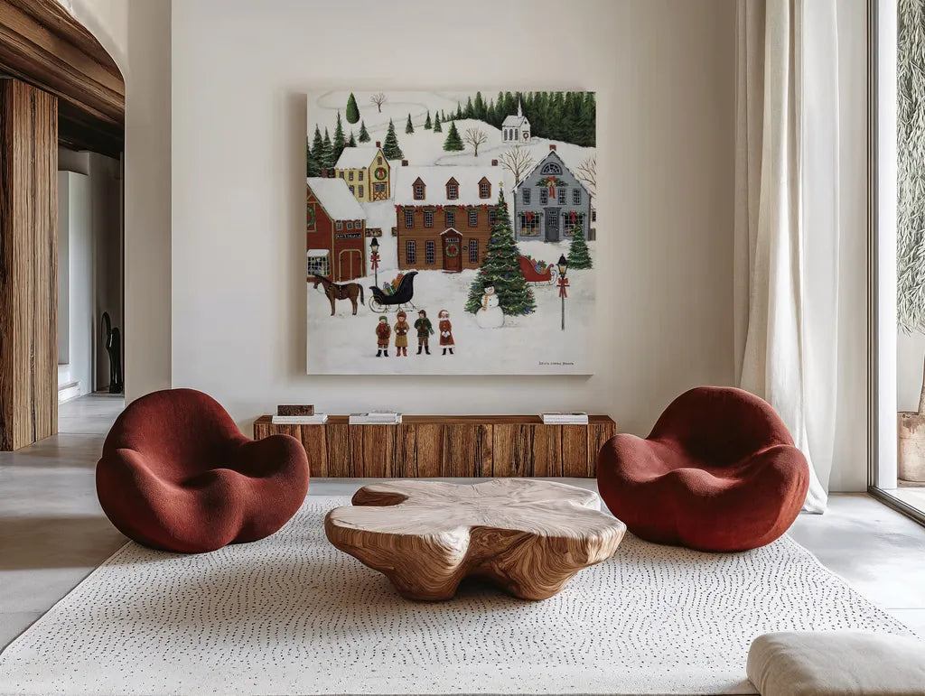 Christmas Valley Village Crop by David Carter Brown. Shown as extra-large giant wall art in a modern living room. Available as an archival giclee rolled canvas, fine art paper, or poster print. SKU 8950a.