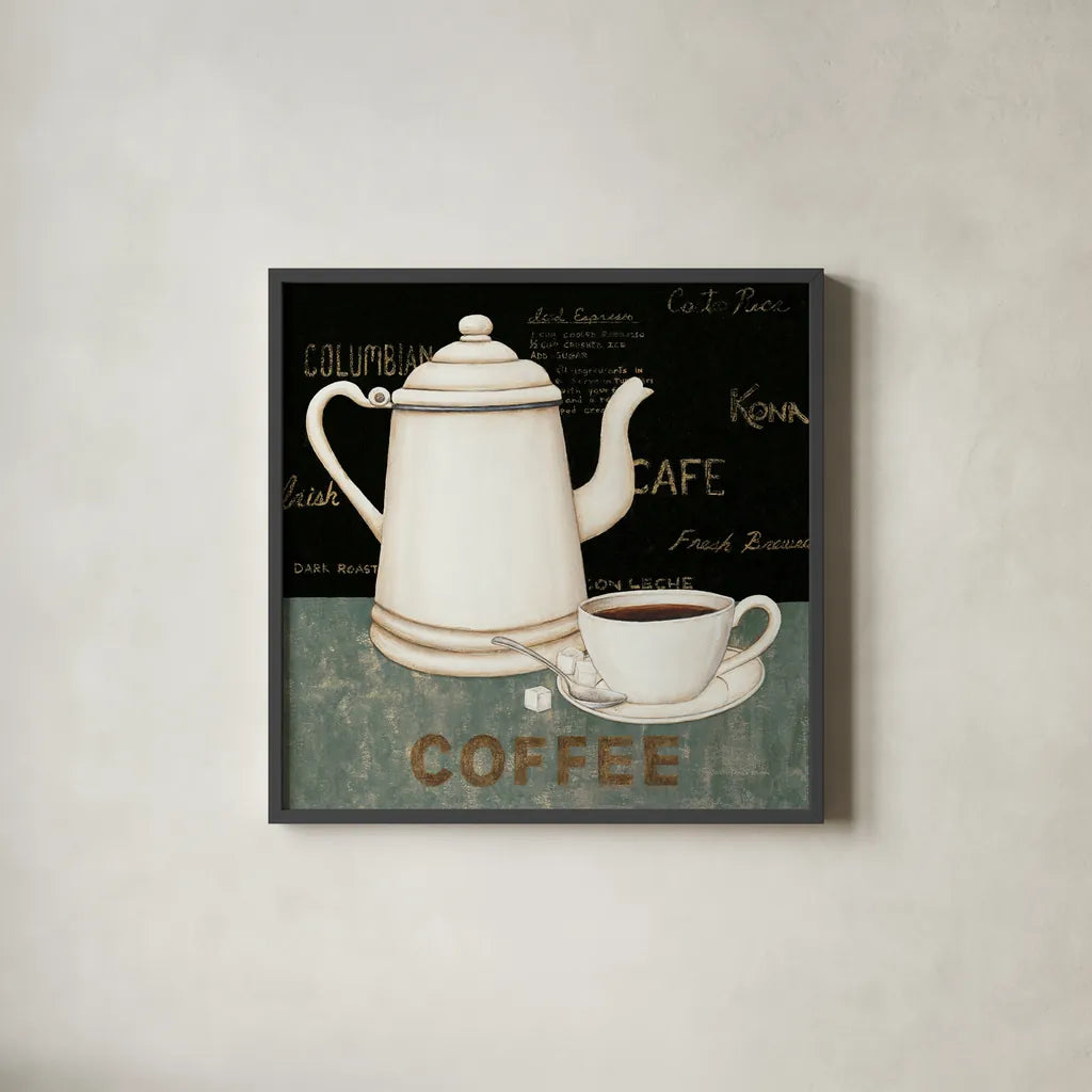 Coffee by David Carter Brown. Shown in a sleek black glass frame for a contemporary gallery look. Available as an archival giclee rolled canvas, fine art paper, or poster print. SKU 3261a.