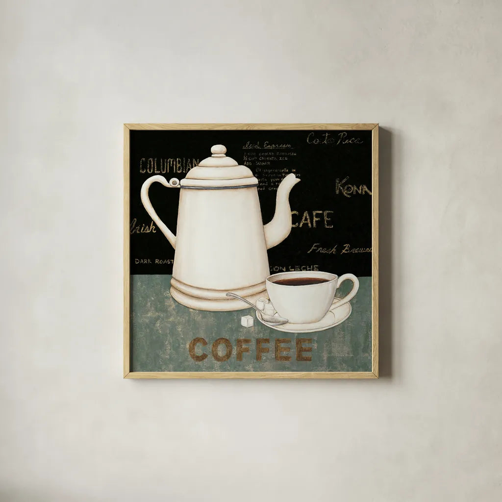 Coffee by David Carter Brown. Shown in a natural wood glass frame for a timeless modern aesthetic. Available as an archival giclee rolled canvas, fine art paper, or poster print. SKU 3261a.
