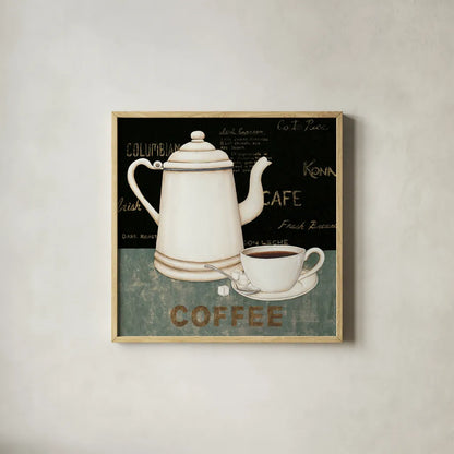 Coffee by David Carter Brown. Shown in a natural wood glass frame for a timeless modern aesthetic. Available as an archival giclee rolled canvas, fine art paper, or poster print. SKU 3261a.