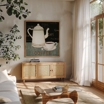 Coffee by David Carter Brown. Shown in a natural wood frame in a cozy modern living room. Available as an archival giclee rolled canvas, fine art paper, or poster print. SKU 3261a.
