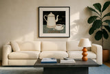 Coffee by David Carter Brown. Displayed in a glass frame with matte in a clean modern living room. Available as an archival giclee rolled canvas, fine art paper, or poster print. SKU 3261a.