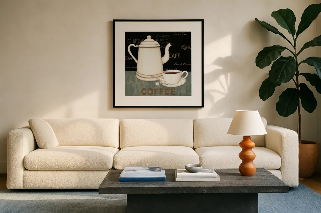 Coffee by David Carter Brown. Displayed in a glass frame with matte in a clean modern living room. Available as an archival giclee rolled canvas, fine art paper, or poster print. SKU 3261a.