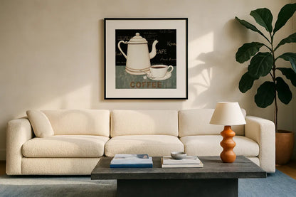 Coffee by David Carter Brown. Displayed in a glass frame with matte in a clean modern living room. Available as an archival giclee rolled canvas, fine art paper, or poster print. SKU 3261a.