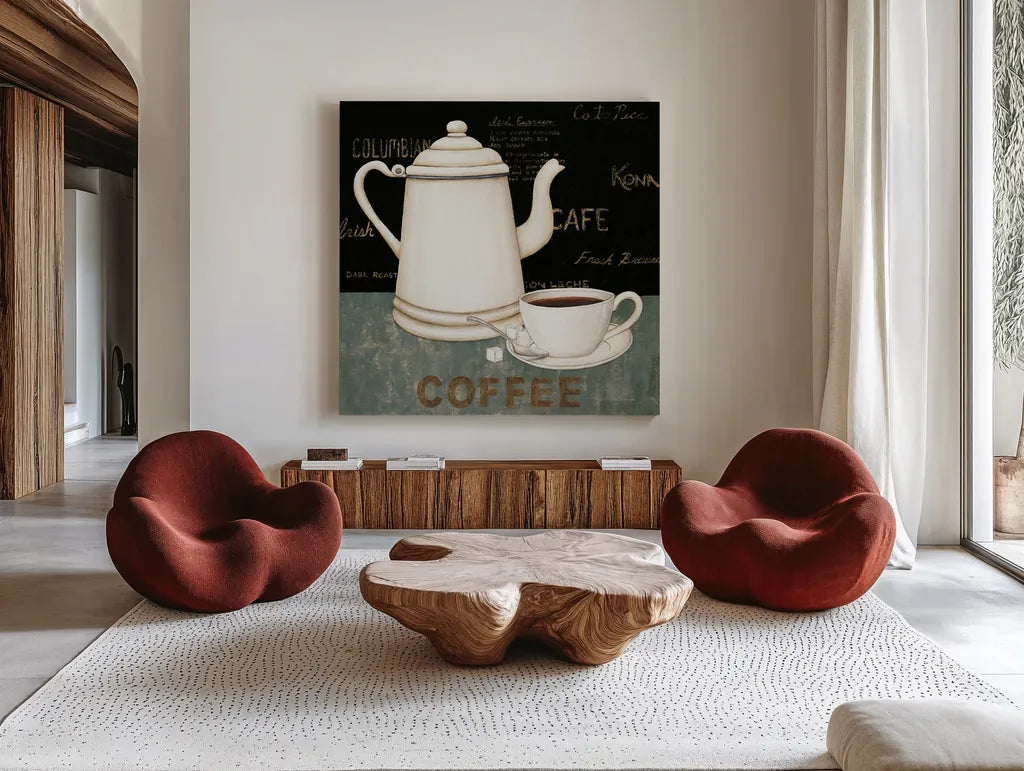 Coffee by David Carter Brown. Shown as extra-large giant wall art in a modern living room. Available as an archival giclee rolled canvas, fine art paper, or poster print. SKU 3261a.