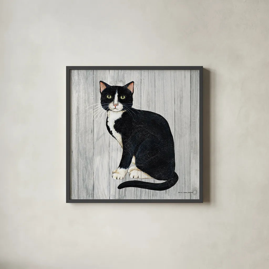 Country Kitty I on Wood by David Carter Brown. Shown in a sleek black glass frame for a contemporary gallery look. Available as an archival giclee rolled canvas, fine art paper, or poster print. SKU 26468a.
