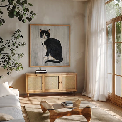 Country Kitty I on Wood by David Carter Brown. Shown in a natural wood frame in a cozy modern living room. Available as an archival giclee rolled canvas, fine art paper, or poster print. SKU 26468a.