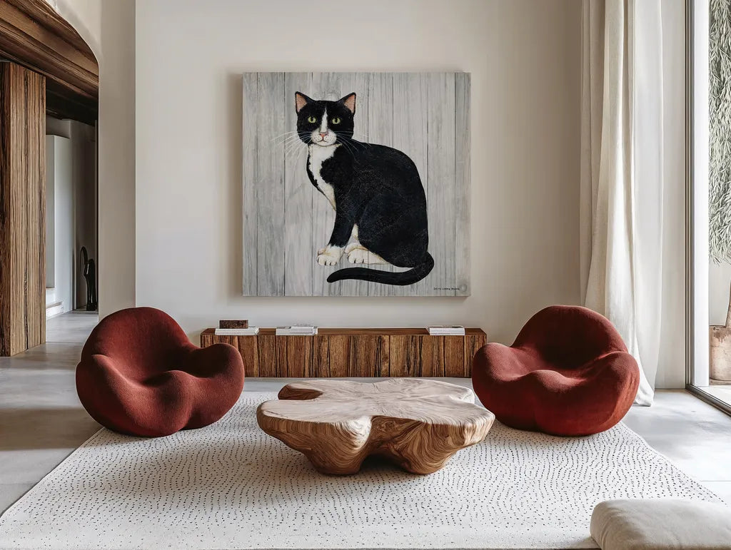 Country Kitty I on Wood by David Carter Brown. Shown as extra-large giant wall art in a modern living room. Available as an archival giclee rolled canvas, fine art paper, or poster print. SKU 26468a.