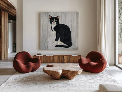 Country Kitty I on Wood by David Carter Brown. Shown as extra-large giant wall art in a modern living room. Available as an archival giclee rolled canvas, fine art paper, or poster print. SKU 26468a.