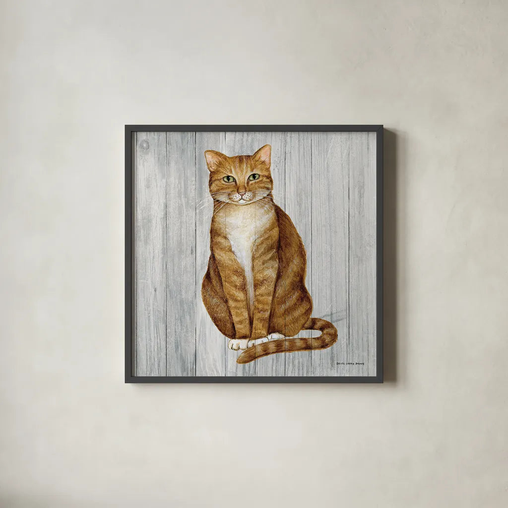 Country Kitty II on Wood by David Carter Brown. Shown in a sleek black glass frame for a contemporary gallery look. Available as an archival giclee rolled canvas, fine art paper, or poster print. SKU 26469a.
